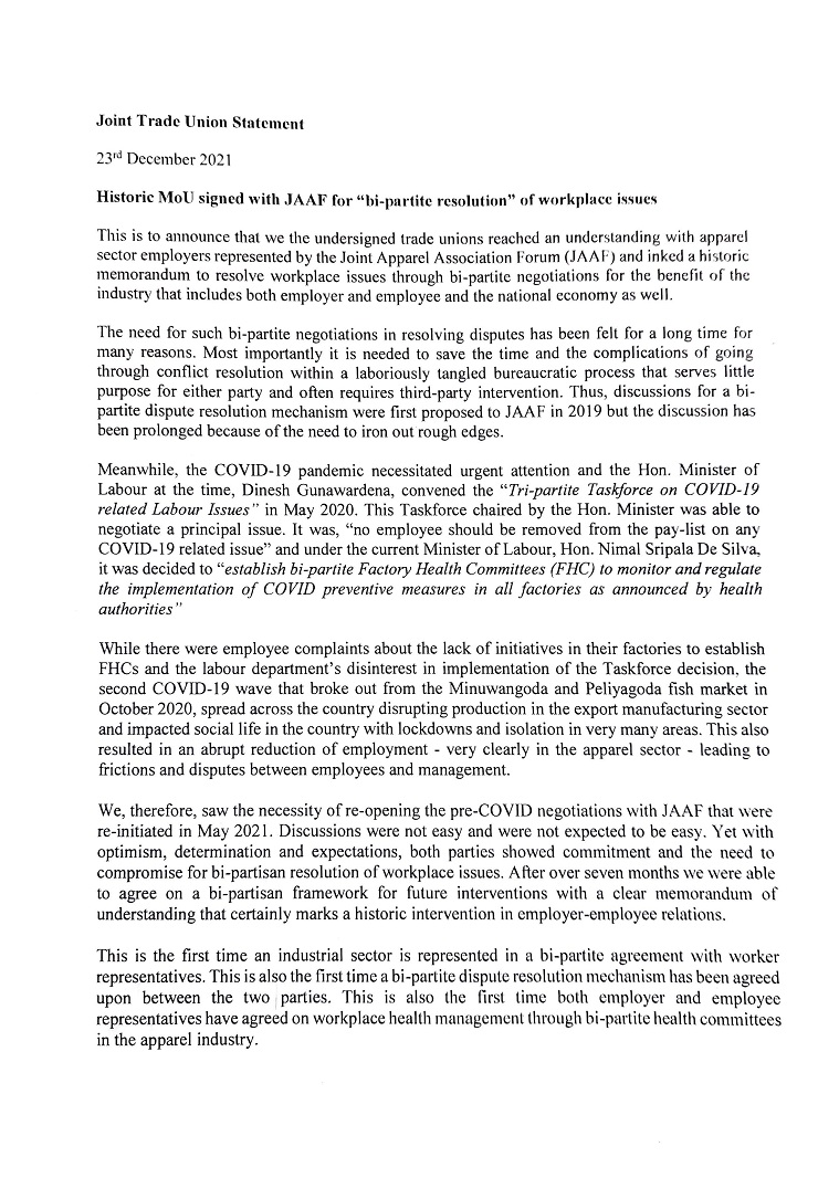 Joint statement on MOU with JAAF Page 1